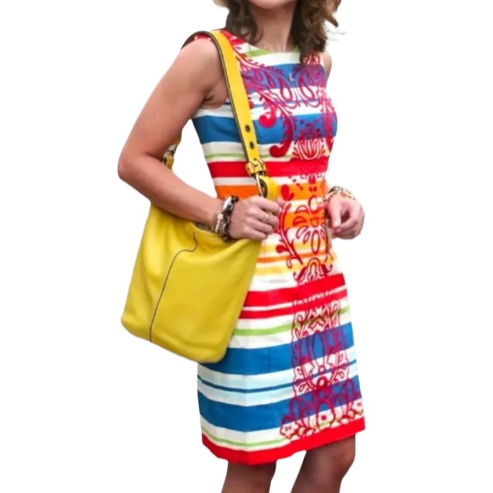 $158 Anthrpologie Striped Embroidered Dress Petite 10 P10 PL Colorful Unique NWT